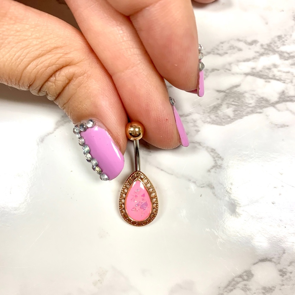 Pink epoxy glitter stone belly ring